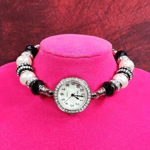 💜NWOB Bella Perlina Bead & Rhinestone Charm Bracelet Watch